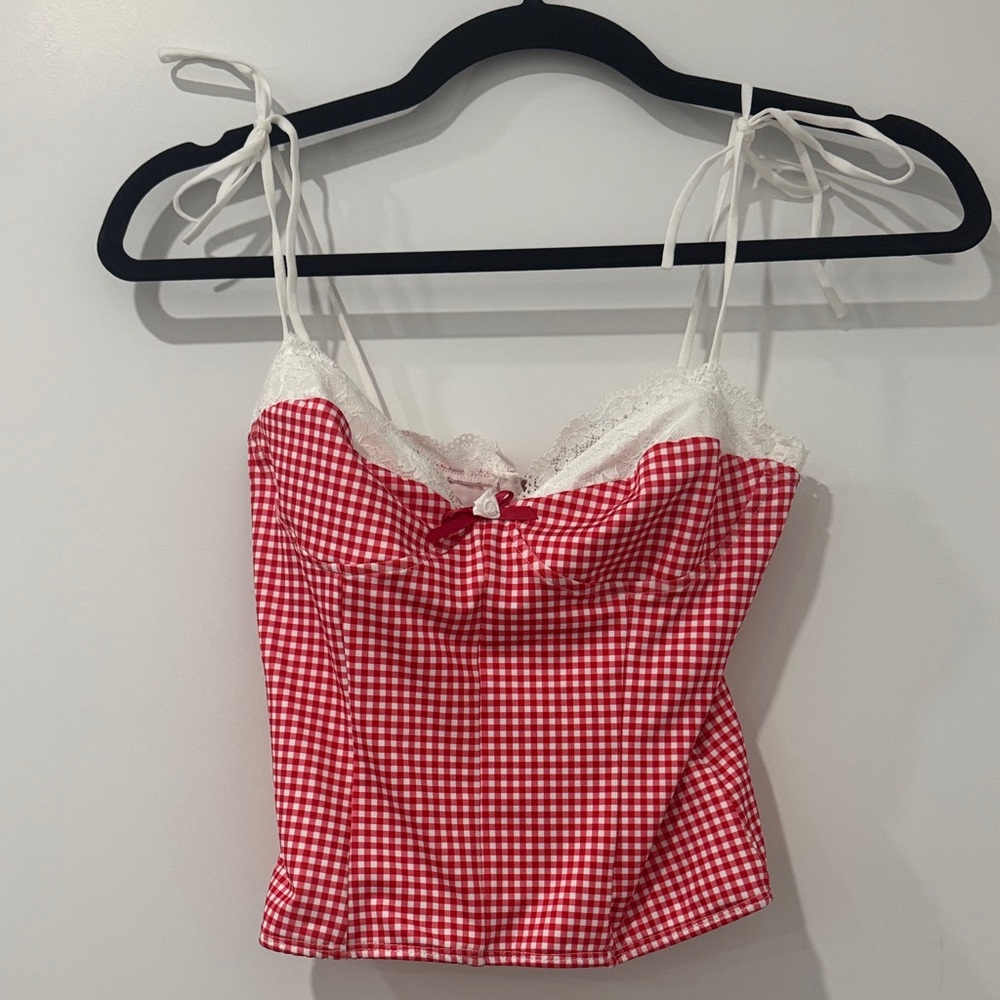 Chic Red Gingham Camisole with Lace Trim